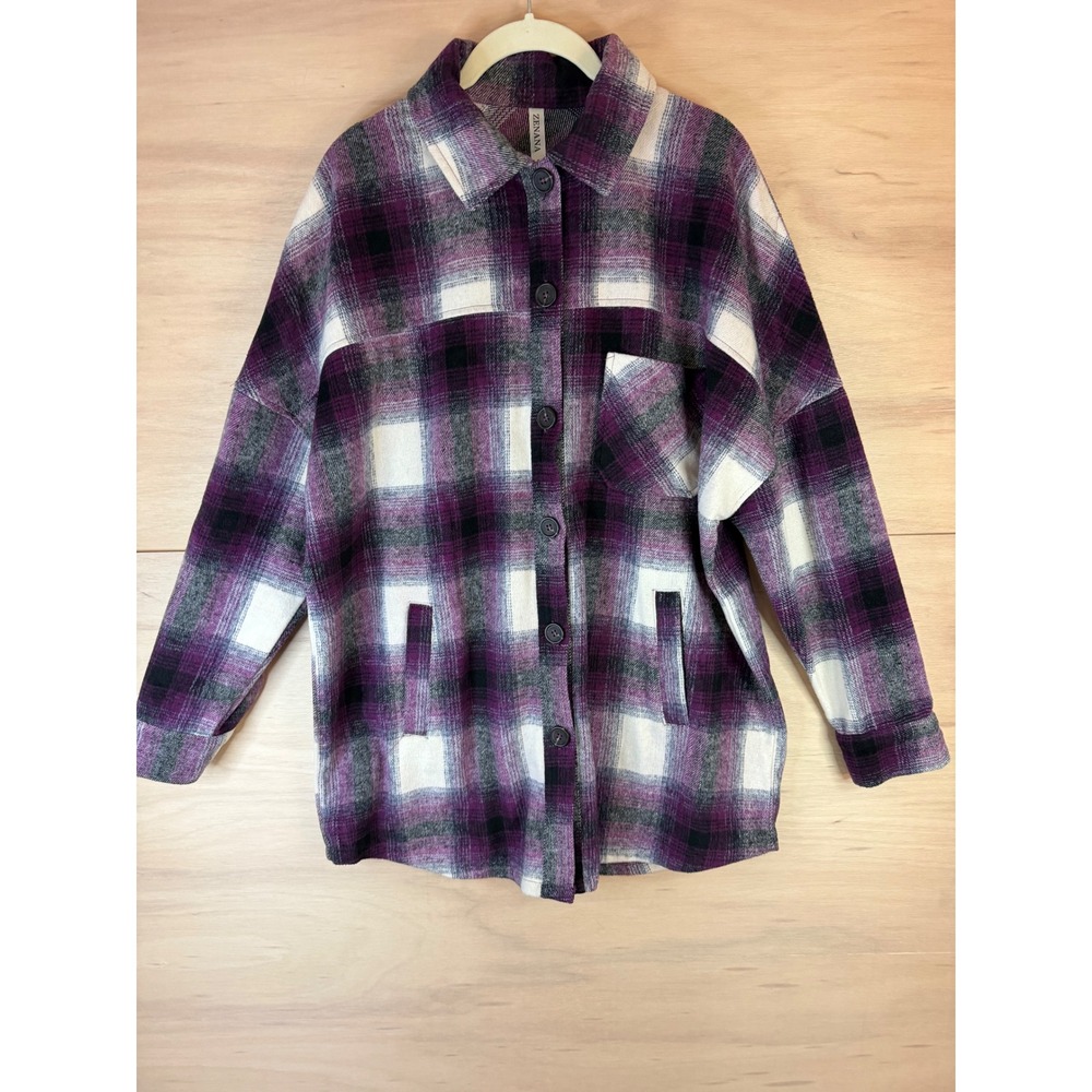Zenana Purple Plaid Shacket Oversized Button Front Shirt Jacket QJ-1142D4 Small